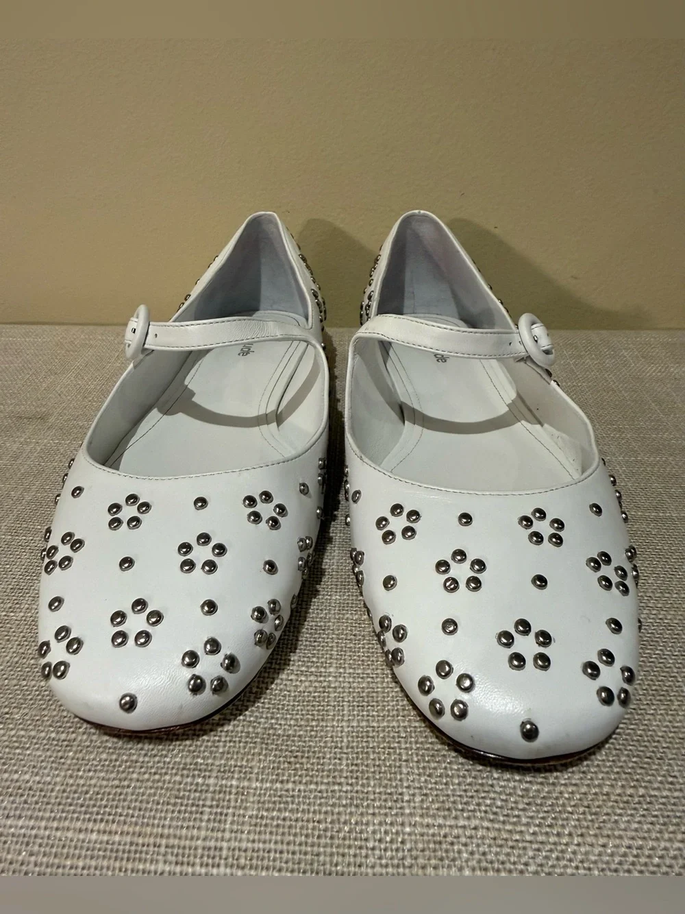 Larroudé White Leather Studded Blair Mary Jane Flats Size 9.5